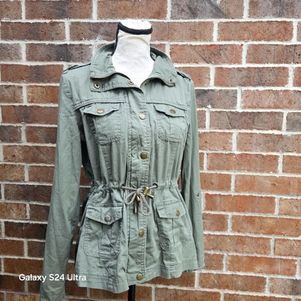 Ashley Olive Green Utility Jacket Drawstring Waist Cargo Pockets Size S